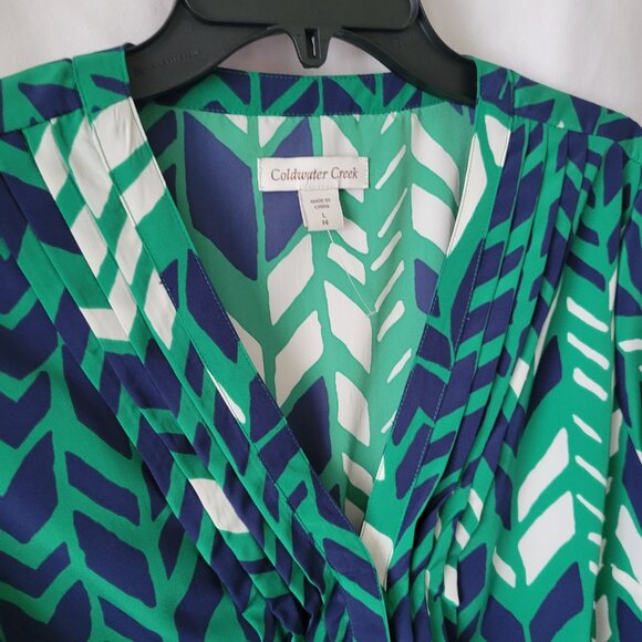 Coldwater Creek Blouse Sz Large 14 Pleated 3/4 sleeve button front green blue - Picture 6 of 14